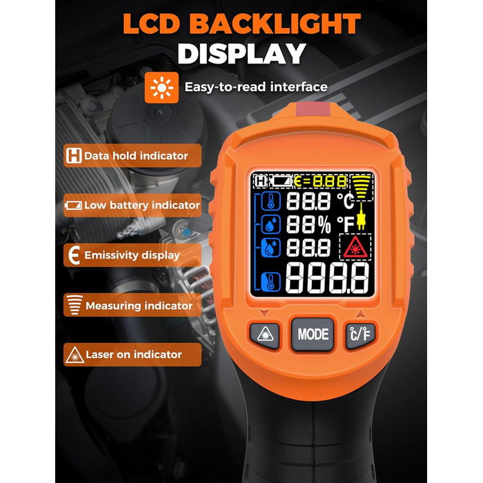Інфрачервоний термометр лазерний IM06MAX з K-типом зонда (-50°C до 800°C) для промисловості, HVAC, приготування їжі та ремонту авто