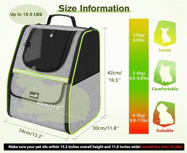 Рюкзак для кота Pecute з сітчастим вікном, переноска для тварин, дихаючий та легкий, сірий, до 6 кг