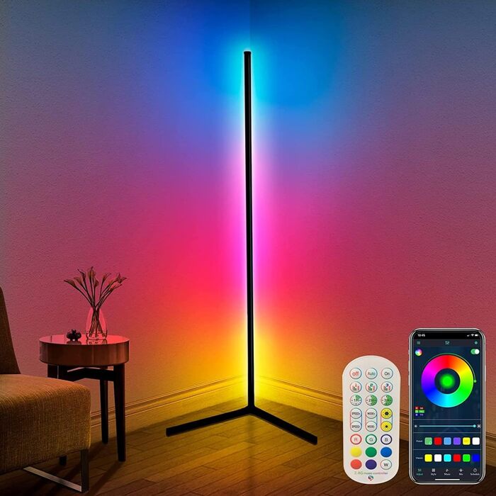 LED-підлогова лампа DeeprBling для вітальні, 165 см, кутова RGB, з регулюванням яскравості, пультом та додатком, 16 мільйонів кольорів, музичні режими, DIY-режим та таймер для спальні, ігрової кімнати, офісу, читального залу. Трикутна основа.