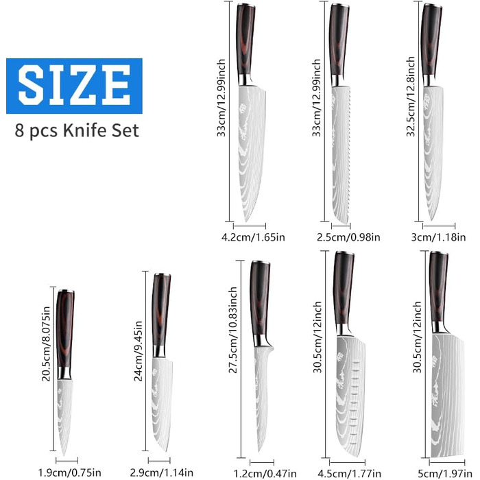 Набір кухонних ножів Dfito, 8 предметів, з нержавіючої сталі, різні розміри, зручні ручки