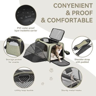 Транспортна сумка для кота Petsfit, схвалена авіаперевізниками, розширювана, зелена, розмір S