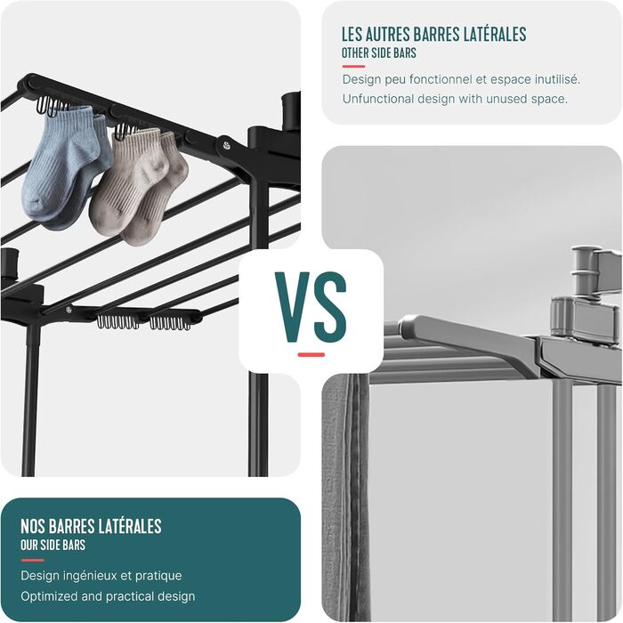 Вounot® Сушарка для білизни Торгова вежа, 4 яруси, компактна, складна, з колесами та бічними крилами, сушильна вежа для дому та вулиці, 125x62x173 см, чорна