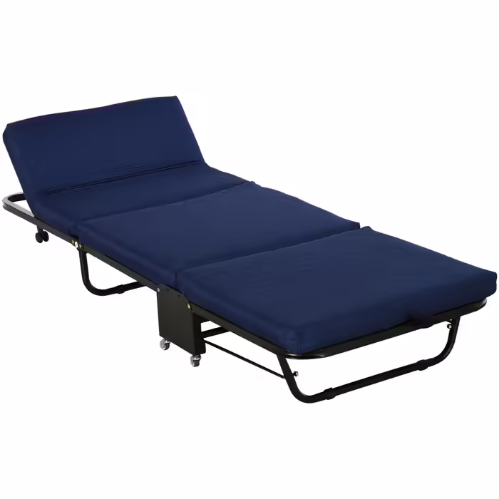 HOMCOM Folding Guest Bed 2-in-1 with Adjustable Headrest and Wheels, Steel Frame, Foam, Blue 184x65x26cm for Flexible Sleeping