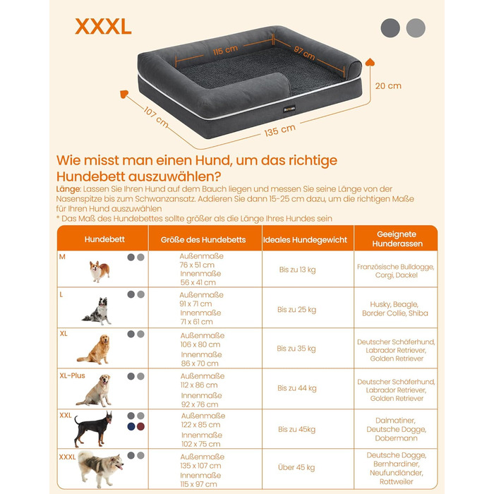 Feandrea Orthopedic Dog Bed, Dog Cushion, Dog Basket, Soft Padding, Dog Sofa, Raised Sides, Removable and Washable Cover, 91 x 71 x 20 cm, Non-Slip Bottom, PGW076G01 (L 135 x W 107 x H 25 cm, Light Grey)