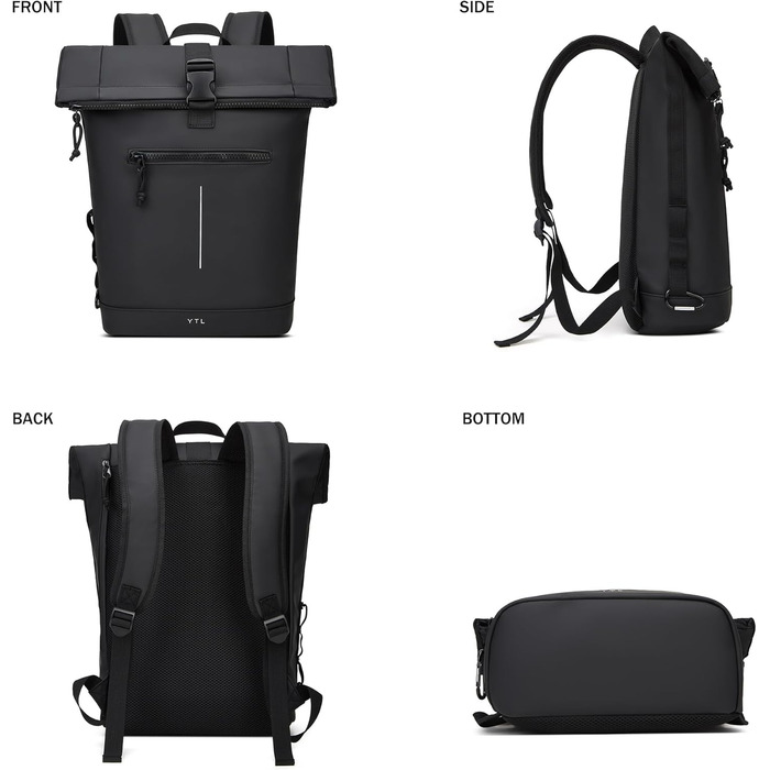 Чорний рюкзак YTL Rolltop з відділенням для ноутбука 17 дюймів. Ідеальний для подорожей, школи, університету, велопоїздок.