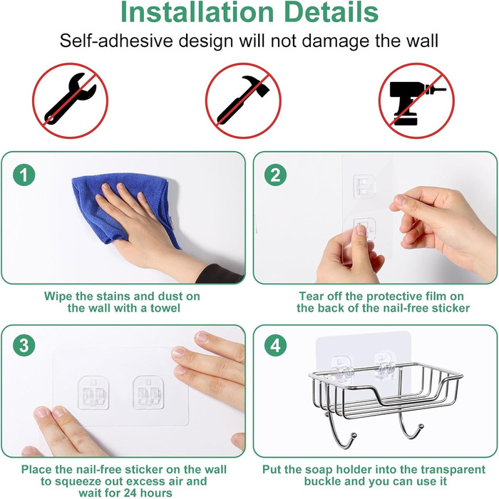 Тримач для мила без свердління Uten, нержавіюча сталь, самоклеючий, з 2 гачками, для мила та губки, для душу, ванної кімнати, кухні, сріблястий