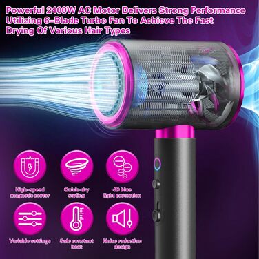 Іонізатор для волосся 2400W з кнопками холодного/гарячого повітря, 3 швидкості, 2 насадки (концентратор + дифузор), тихий фен для дому та подорожей