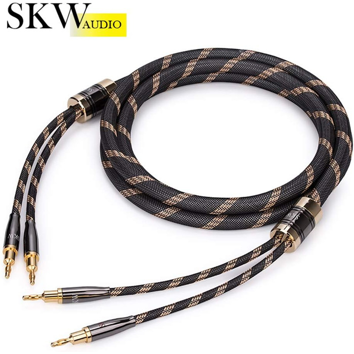 Акустичні кабелі SKW для колонок Hi-Fi, пара (2 шт.), 1.5м, з позолоченими роз'ємами-бананами та нейлоновим обплетенням, аудіофільна якість