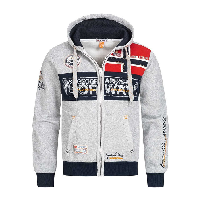Чоловіча толстовка на блискавці з капюшоном Geographical Norway Flyer, теплий зимовий худі з кишенями-кенгуру, світло-сірий, розмір M