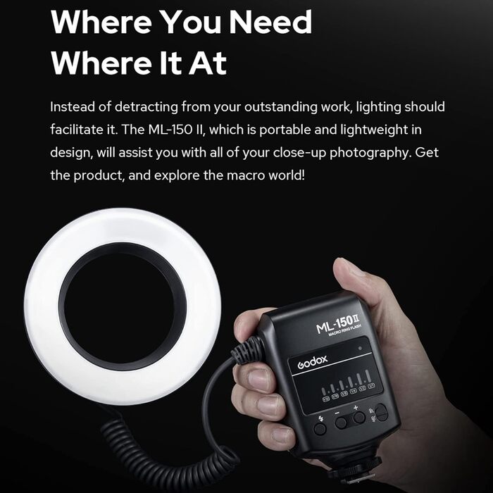 Godox ML-150II Макро-кільцевий спалах: 11 рівнів яскравості, кольорова температура 5800K, GN12, швидка перезарядка, 8 адаптерних кільця для Canon, Nikon, Sony DSLR камер