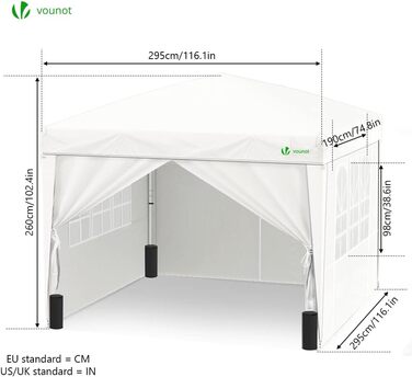 VOUNOT® Pavilion 3x3m with 4 Side Walls & 4 Sandbags, Pop-Up Folding Pavilion, Folding Garden Tent Party Tent, including Bag, Grey (White + 4 Side Walls)