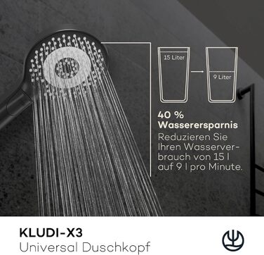 KLUDI-X3 Universal Shower Head with Hose, Shower Spray Optional - Water-Saving with 3 Spray Patterns (Body, Hair, Skin), Easy-to-Clean Shower Head Ø 11.7 cm, Shower Hose 1.60 m (3 Spray Patterns, Matte Black)