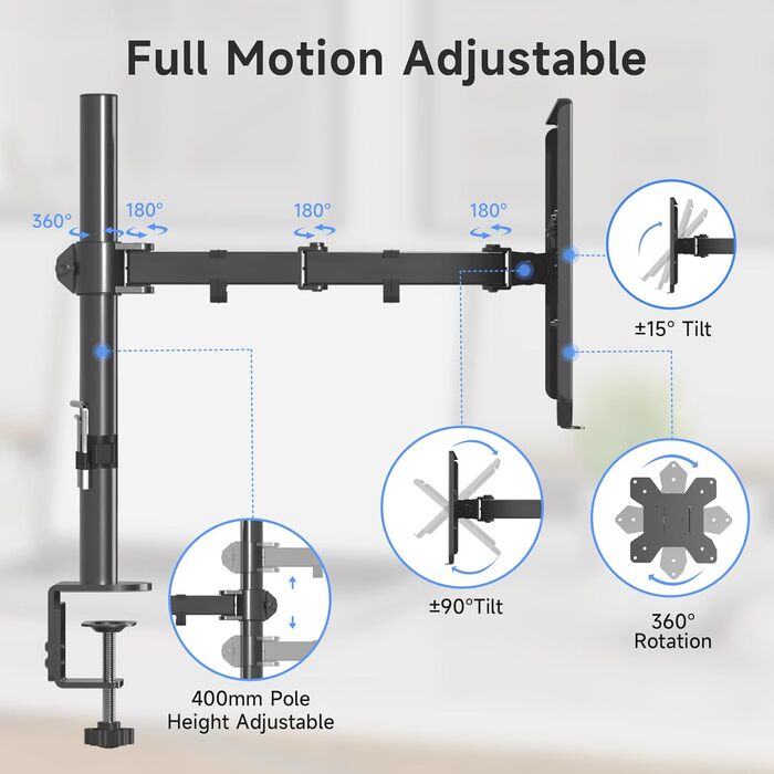 Suptek Adjustable Monitor Arm with Laptop Holder - Full Range Motion for 13-27 inch Screens (40cm Pole)
