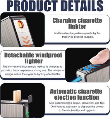 Електронне Zigarettenetui 2-в-1 з феєрверком, USB зарядка, на 20 сигарет, елегантний дизайн, вологостійке, без газу