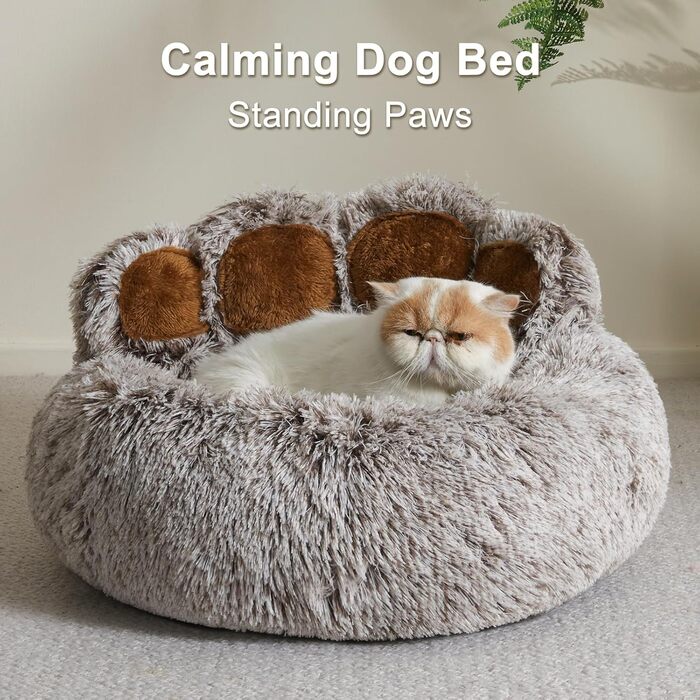 Jiupety Pet Round Dog Bed in Paw Shape, Soothing Donut Dog Bed, Faux Fur Cat Bed, Medium Size. The diameter is 56cm, comfortable and soft, machine washable, grey.