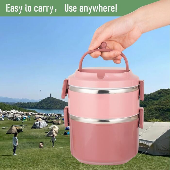 SANQIAHOME 2-Tier Stackable Stainless Steel Lunch Box, Leak-Proof, Pink