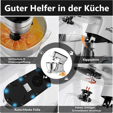 Кухонна машина HOMELUX 1800W з чашею 8 л з нержавіючої сталі, 6 швидкостей, LED-дисплей, насадки для замішування, збивання та нарізки, сіра