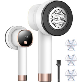 Електричний видалення ворсу з LED-дисплеєм - 6 лез з нержавіючої сталі, 3 швидкості, USB-зарядка. Підходить для одягу, пледів, диванів та постільної білизни (білий)