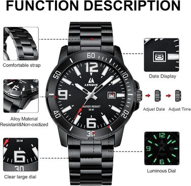 Годинник чоловічий LN LENQIN з нержавіючої сталі, водонепроникний, з датою, кварцовий, аналоговий, чорний, бізнес-стиль