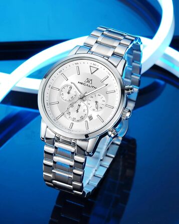 Чоловічий годинник MEGALITH з нержавіючої сталі, хронограф, водонепроникний: велике циферблат, дата, стильний подарунок для чоловіків (8345 Silver)