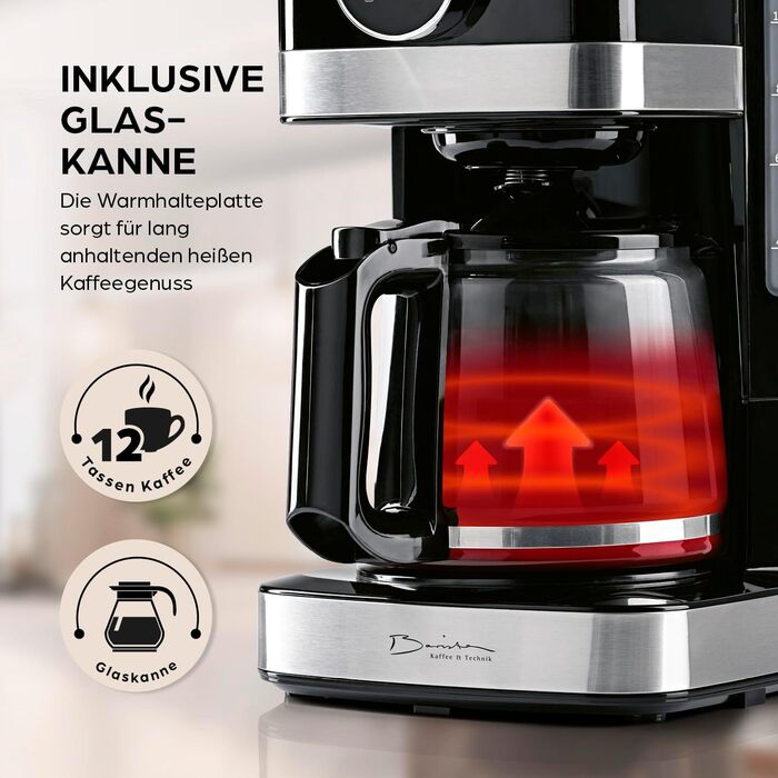 Кавомашина Barista Filterkaffeemaschine з регульованим м'яльним жорном та термокружка | Функція підігріву, таймер 24 години та постійний фільтр | Для 10 чашок кави | Кавомашина для зерен та меленої кави [Нержавіюча сталь] (10) Чорний колір - скляна колба 