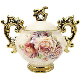 Fanquare Gold Porcelain Sugar Bowl, Floral Sugar Dispenser for Coffee Beans Salt Spices, 340ml Ceramic Sugar Bowl with Lid
