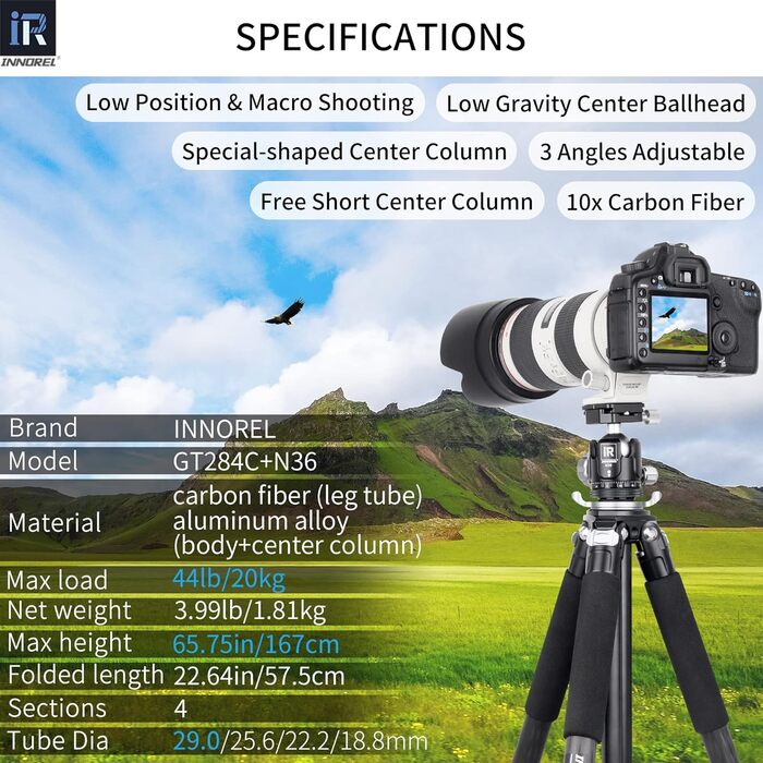 Професійний компактний карбоновий штатив INNOREL GT284C для DSLR-камер з кулею, максимальне навантаження 25 кг