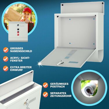 Поштовий ящик Monzana Kreuzschloss з мідним циліндром, поворотна кришка 31x10x34 см, вікно, табличка для імені, відділ для газет, сталь, 2 ключі, чорно-срібний (білий)