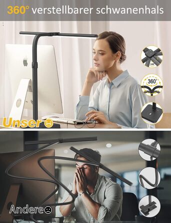 Tantu Adjustable LED Desk Lamp with Dual Heads - 24W, 80cm, 5 Color & 5 Brightness Levels, Gooseneck & Base - Black Office Lamp