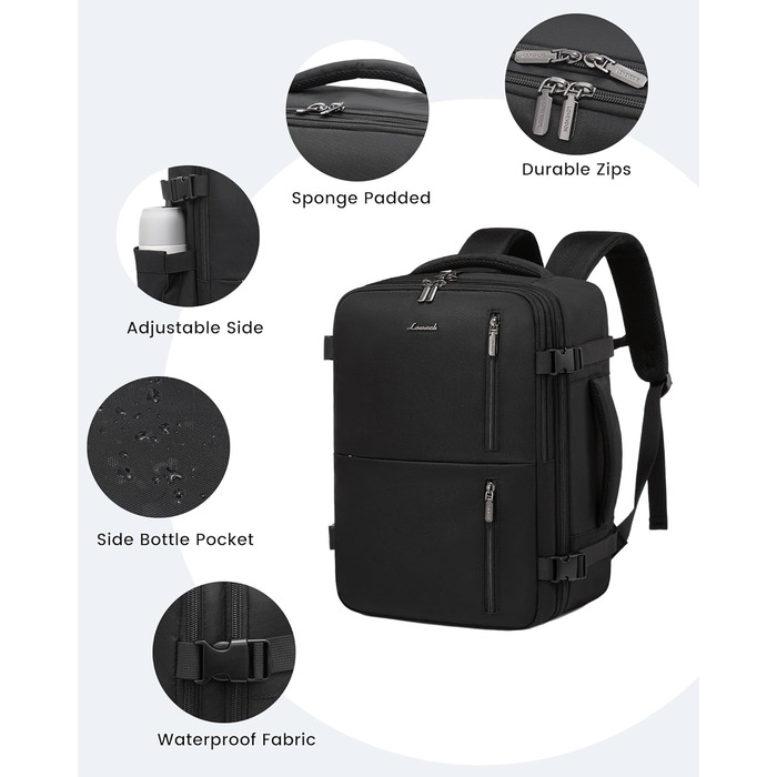 Рюкзак LOVEVOOK для ручної поклажі в літак, 40x30x20 см, 24л, для ноутбука 14 дюймів, чорний