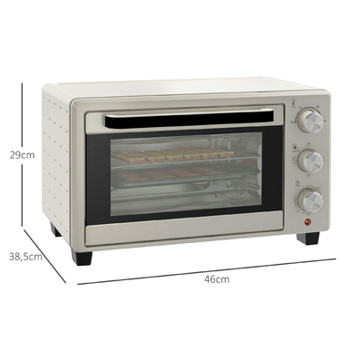HOMCOM Mini Oven with Rotisserie, Small Oven 21L Toaster Oven with 1 Wire Rack and 1 Baking Tray, 3 Cooking Modes, 100°C-230°C, Stainless Steel, Glass, Cream White