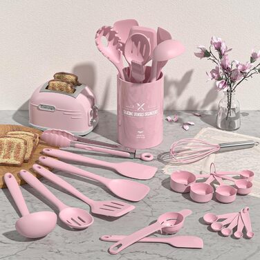 Набір кухонного приладдя Umite Chef, 22 предмети, силіконовий, білий, для антипригарного посуду, можна мити в посудомийній машині (Рожевий)