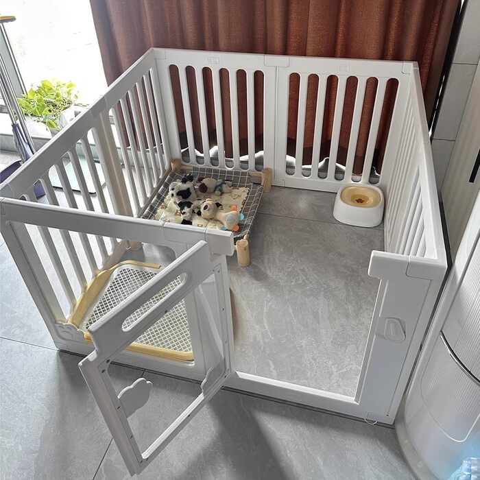 Кізочок-загон для собак з дверцятами, безпечний загон для собак, цуценят, котів, кроликів, горностаїв, просте встановлення та прибирання, пластиковий загон з анкерами та присосками для маленьких тварин (2 додаткові пластини)