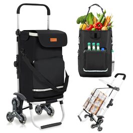 Тролей для покупок Sekey XXL з підйомником для сходин, 3 колеса, для кемпінгу та покупок, регульована ручка, алюміній 3-в-1, з відділенням для їжі та напоїв, чорний