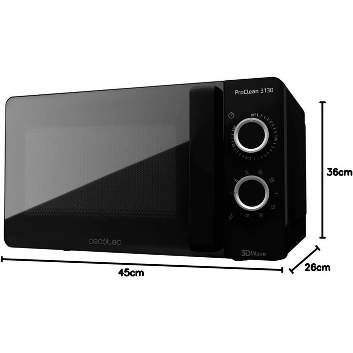 Мікрохвильова піч з грилем Cecotec Pro Clean 3130, 20 л, 700 Вт (800 Вт гриль), 3D Wave, Ready 2 Clean, чорна дзеркальна поверхня