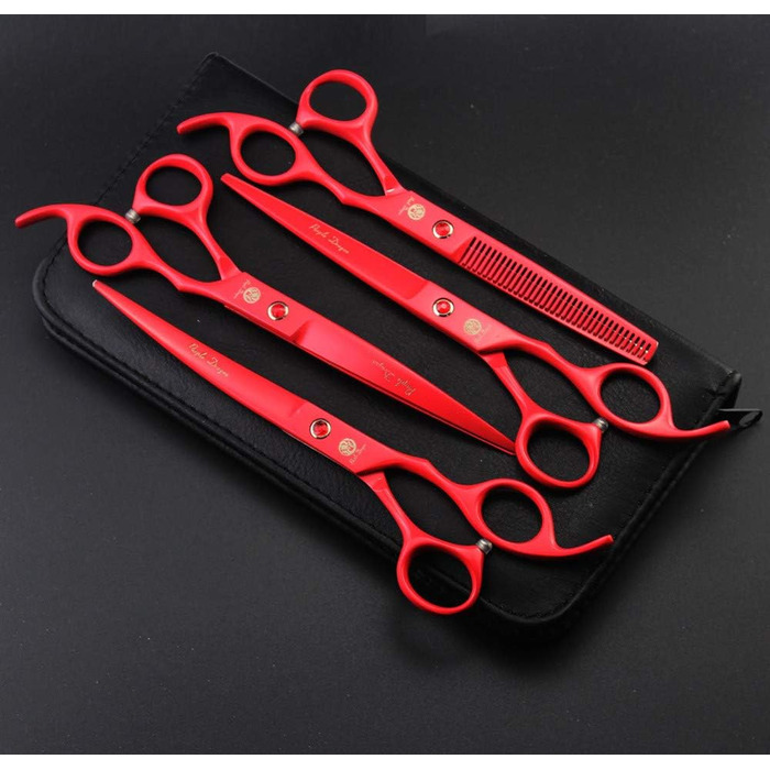 Набір професійних ножиць для собак Purple Dragon 7.0 дюймів: набір для грумінгу з ножицями для фінальної обробки, вигнутими ножицями для грумінгу, японська сталь 440C (червоний/Ausflug)
