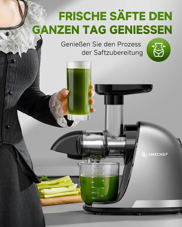 Електричний соковичавник AMZCHEF для овочів та фруктів - Slow Juicer з функцією реверсивного подрібнення, без фільтру, з щіткою та 2 чашками, сріблястий (30x19.6x30 см)
