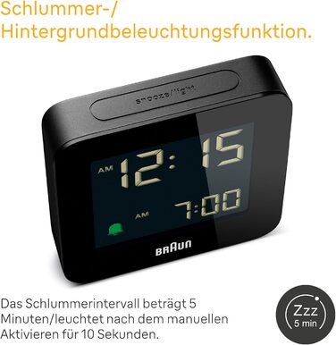 Braun Digital Alarm Clock with Snooze Function, Negative LCD Display, Quick-Set Function, Crescendo Alarm in Black, Model BC09B.