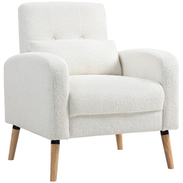 HOMCOM Lounge Chair, Armchair with Lumbar Pillow, Upholstered Armchair with Wooden Legs, Fleece Fabric, Reclining Single Chair for Living Room, Bedroom, White | Aosom