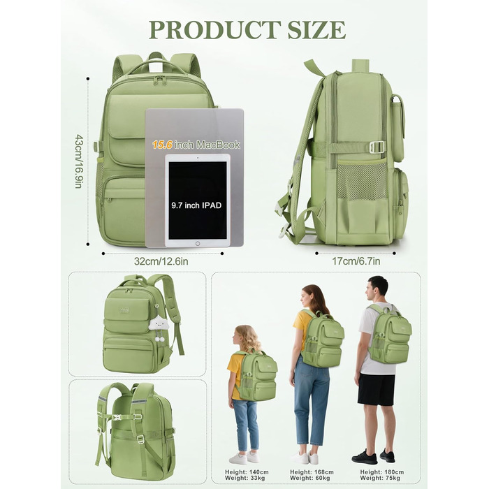 Шкільний рюкзак FIORETTO для дівчаток-підлітків, жіночий, з відділенням для ноутбука 15.6', водонепроникний, легкий, 25L, для школи та подорожей (зелений)