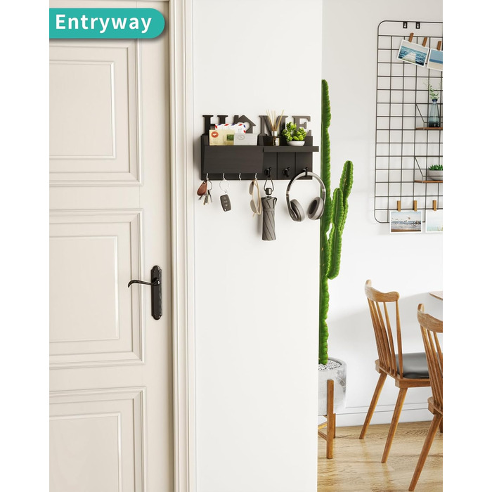 Держатель для ключів HapiRm з декором HOME, дерев'яне ключникове дошка з 7 гачками, з полицею. Підходить для входу, дверей, коридору, спальні, офісу (чорний)