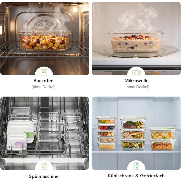 Скляні контейнери для зберігання їжі з кришками набір, Meal Prep, скляні миски герметичні, для мікрохвильовки, духовки, морозилки, посудомийки, для сім'ї, офісу, кухні (Кольорові)