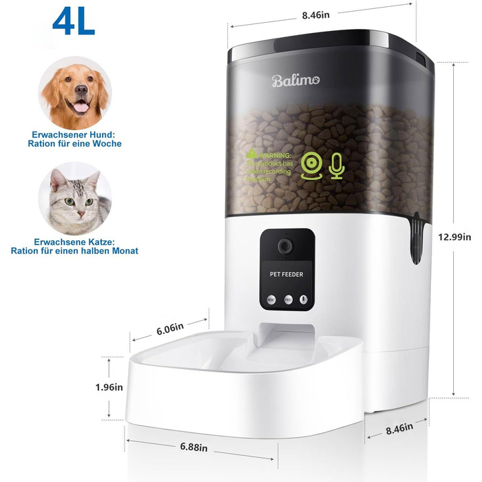 Автомат годування котів Balimo з HD 1080P відео, Wi-Fi, APP-керування та нічне бачення, 4L, нержавійна чаша, 8 прийомів їжі на день, білий
