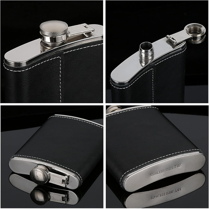 Фляга для алкоголю та віскі RUIXUE® 7oz / 200мл, чорна, з нержавіючої сталі, з 2 склянками та воронкою, для пікніків та кемпінгу