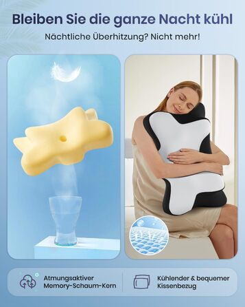 Подушка для шиї DONAMA для сну, ергономічна подушка для тих, хто спить на боці, спині та животі з знімним та пральним чохлом (Чорно-біла, 66x37x13 см)