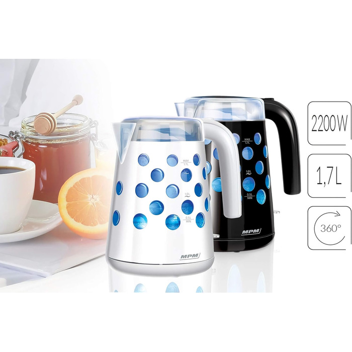 Електричний чайник MPM MCZ-85/G1, 1.7 л, без BPA, бездротовий, 360° обертання, антинакипний фільтр, автовимкнення, чорний, 2200W