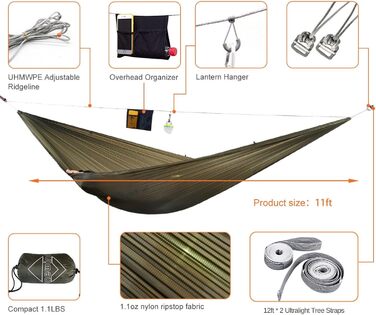 onewind Lightweight Camping Hammock for Backpackers, Portable, Compact, Ideal for Hiking, Camping, and Travel (Od Green-11' With 12' Hexagon Tarp, 11' with 12' Tarp)