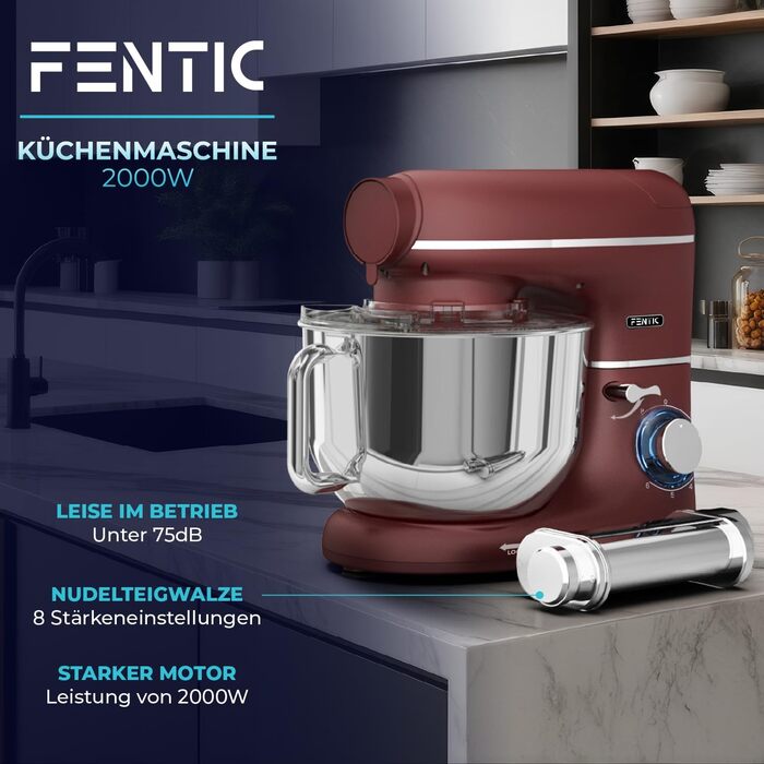 Кухонна машина з машиною для пасти – 2000W, електрична, з нержавіючою чашею 6.2L (червона)