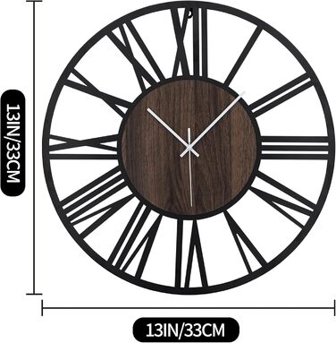 HAITANG Round Wall Clock, Black, 34 cm, for Living Room, Decoration, Vintage Style, Roman Numerals, Silent, Non-Ticking, Wall Clocks for Home, Garden, Office, Cafe Decoration (33 cm, Black)