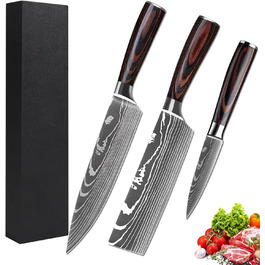 Набір кухонних ножів Camkum 3 шт: кухонний ніж, ніж Nakiri, ніж для фруктів. З нержавіючої сталі EN1.4116, подарункова упаковка